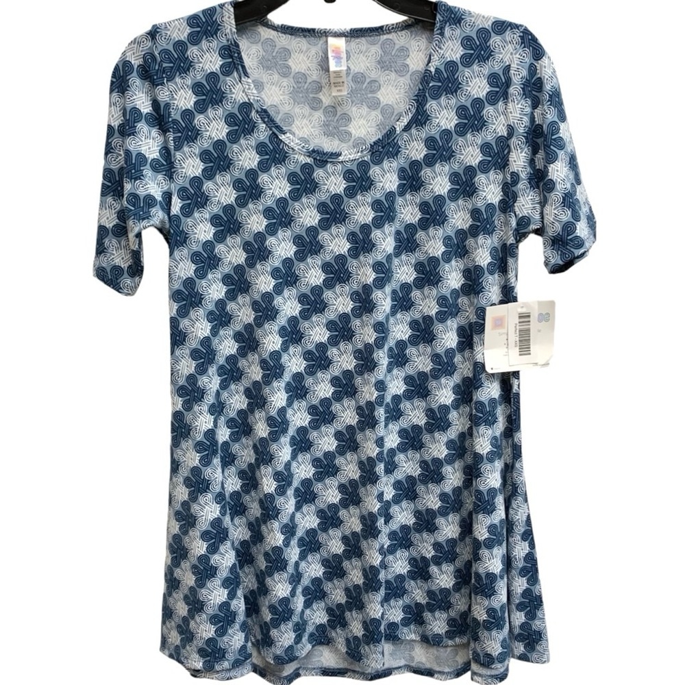 LuLaRoe NWT Perfect T Printed Blue & White Short Sleeve Scoop Neck Swing Top XXS